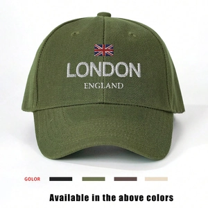 Army green baseball cap with London England embroidery and Union Jack flag patch