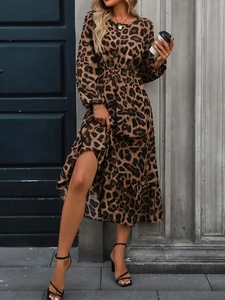 Elegant leopard print midi dress with lantern sleeves and elastic waist for women