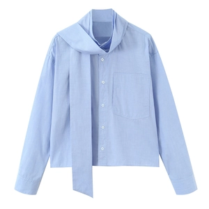 Women Blouse Shirt Polyester Bow Tie Neck Long Sleeve Casual Elegant Solid Sky Blue Pocket Single Breasted