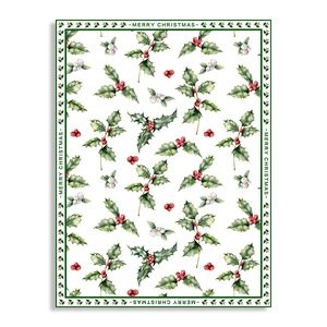 Christmas wrapping paper with holly leaves, red berries and Merry Christmas text
