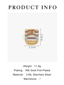 Detailed view of tricolor 316L stainless steel tiered wide band ring with dimensions