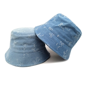 Chapeau Bob En Jean Pour Femmes Avec Imprimé Nœud Blanc Vintage Été Protection Solaire Coton Extérieur