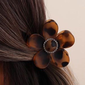 Leopard print flower hair claw clip with rhinestones for women hair styling
