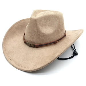 Classic beige western cowboy hat in faux suede with vintage metal badge and chin strap