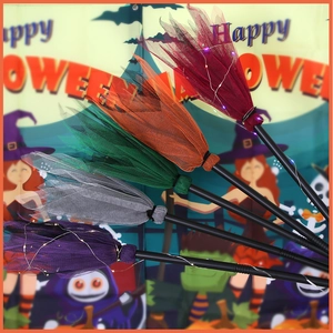 Set of 5 colorful Halloween witch brooms with LED lights and tulle mesh bristles