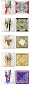 Detailed close-up showing five retro paisley and chain print satin silk square scarves