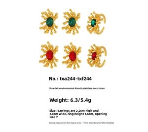 Detail view of 18K gold plated stainless steel sun flower rings and earrings with zircons