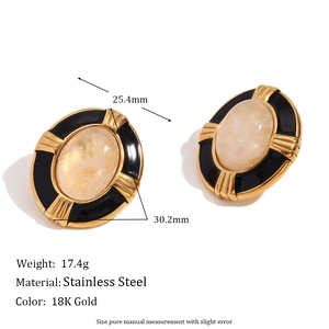 Oval 18K gold plated stainless steel earrings with natural white stone and black enamel