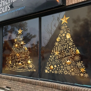 Golden Christmas tree static window stickers with Merry Christmas greeting for shops