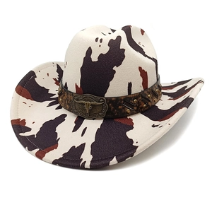 Western Cowboy Hat Cow Leopard Print Wide Brim Polyester Felt With Bull Head Rivet Band Vintage For Men Women Streetwear