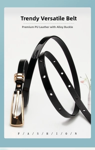 Close-up of black glossy PU leather slim belt with a gold alloy pin buckle
