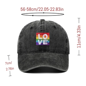 Washed charcoal baseball cap with rainbow LOVE embroidery showing detailed measurements