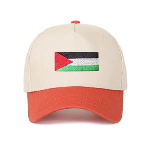 Detail shot of embroidered Palestine flag on two-tone khaki and orange baseball cap