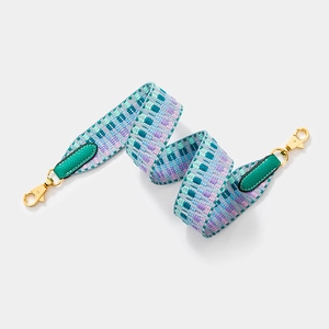 Colorful woven wide shoulder strap for bags with green leather and gold metal buckles