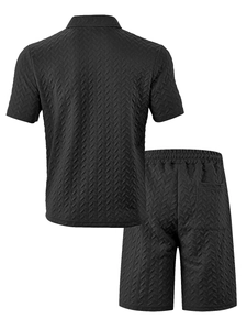 Detailed back view of black men's polo set with distinctive herringbone fabric texture