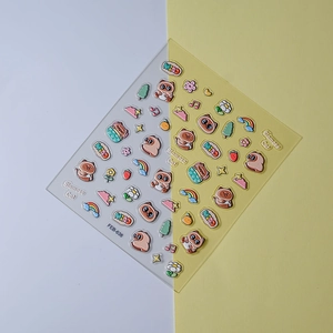 Detailed 3D embossed Siamese cat nail art stickers with rainbows and colorful cartoon patterns