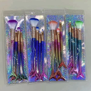 Mermaid Tail Handle Makeup Brushes Gradient Electroplated Plastic Nylon Soft Bristle Cosmetic Tools Glitter Storage Bag