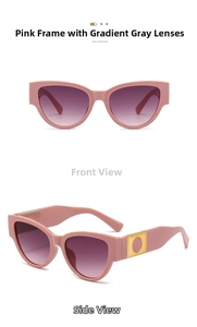Detail view of pink oval cat-eye sunglasses with gradient grey lenses and gold accents