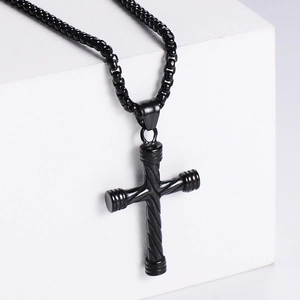 Hip hop black twisted cross pendant necklace with striped texture on stainless steel
