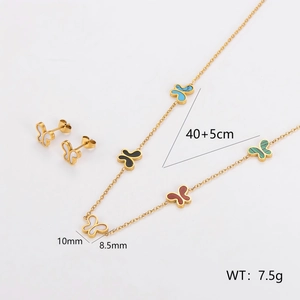Colorful enamel butterfly necklace and earrings set in stainless steel with gold finish