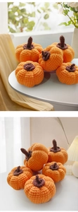 Detail shot of five orange crochet pumpkins with knitted texture for desk decor