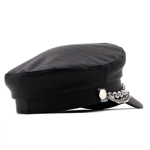 Classic black PU leather baker boy cap with stylish double silver metal chain decoration