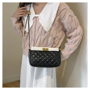 Detailed view of women's quilted crossbody bag with gold chain strap and metal clasp