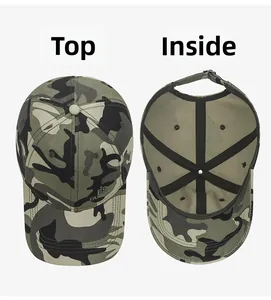 Detail view of camouflage baseball cap showing top panel and inner lining construction