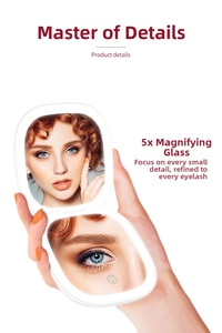 Close-up of portable LED makeup mirror featuring 5X magnification and ring light