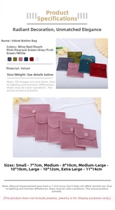Size chart for velvet jewelry pouches with snap button closure in multiple dimensions