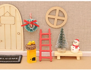 Miniature Christmas elf door set with wooden ladder, wreath and tiny snowman decor