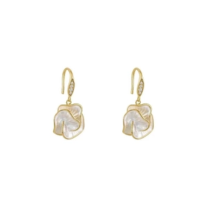 Elegant camellia flower earrings with gold hooks and white mother-of-pearl petals