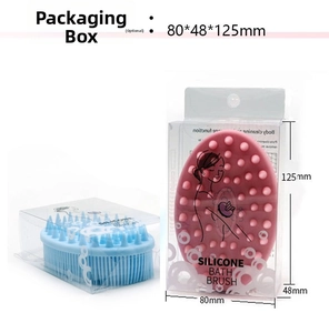 Dual-color silicone bath brush detail showing massage bristles and compact storage box