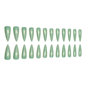 Set of 24 long stiletto press-on nails in sparkling green glitter finish layout