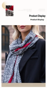 Detail of snake print cashmere-feel scarf with red hem on an elegant fashion model