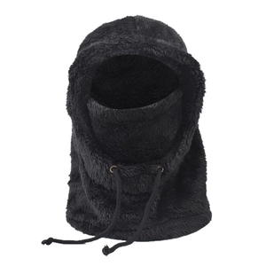 Warm black fuzzy balaclava hat with drawstring hood for outdoor winter protection