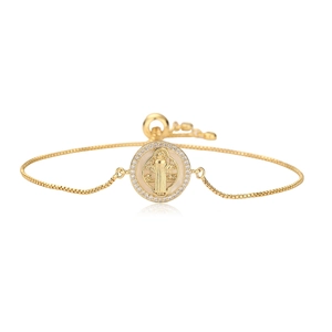 18K gold plated Saint Benedict medal bracelet with zircon halo and adjustable box chain