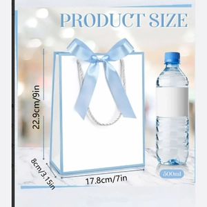 Detailed view of white gift bag with blue ribbon bow and specific size measurements