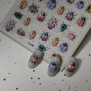 Waterproof jelly beetle nail art stickers with colorful insect designs and examples