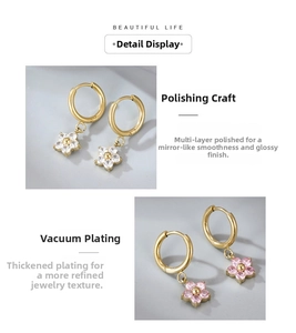 Detail showing white and pink zircon flower charms on gold-plated hoop earrings
