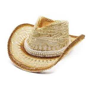 Hohler Stroh Cowboyhut mit Perlenband und breiter Krempe für Sonnenschutz