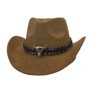 Classic brown woolen cowboy hat featuring a bull skull ornament and colorful woven band
