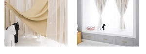 Detail of beige blackout curtain with star cutouts and scalloped edges on bay window