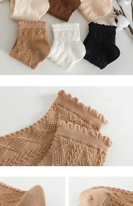 Detailed close-up of diamond cable knit texture and lace cuffs on cotton crew socks