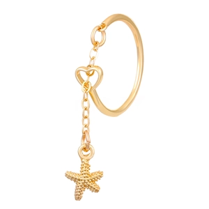 Dettaglio macro di un anello a catena dorato con cuore cavo e pendente a stella marina