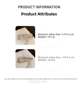 Detailed size and weight chart for minimalist alloy metal hair clips with silver texture