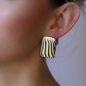 Boucles d'Oreilles Clous Rectangulaires à Vagues en Acier Inoxydable Minimaliste Bicolore Or Argent Bijoux pour Femme