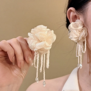 Elegant Fabric Flower Tassel Dangle Earrings With Crystal Beads And Silver Earring Post Romantic Boho Women Jewelry