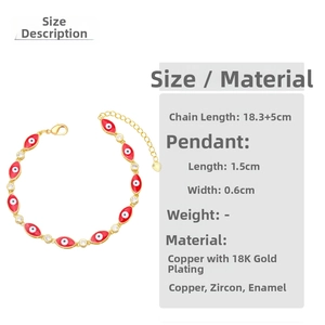 Detail of 18K gold plated evil eye bracelet with red enamel and zircon accents