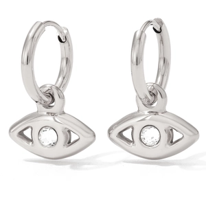 Polished stainless steel evil eye hoop earrings with white cubic zirconia accents